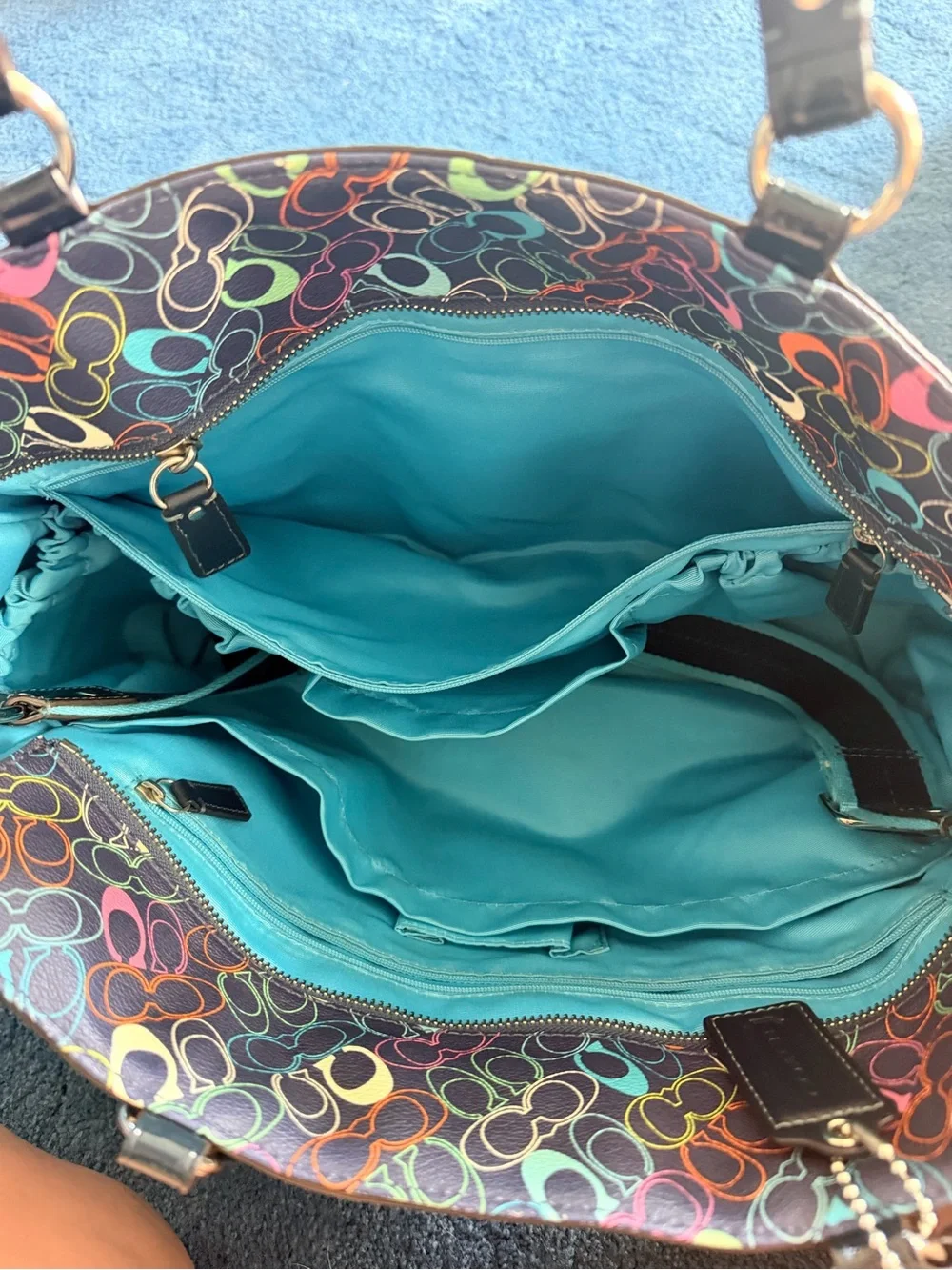 Coach Multicolor Signature Tote with Teal Center Stripe